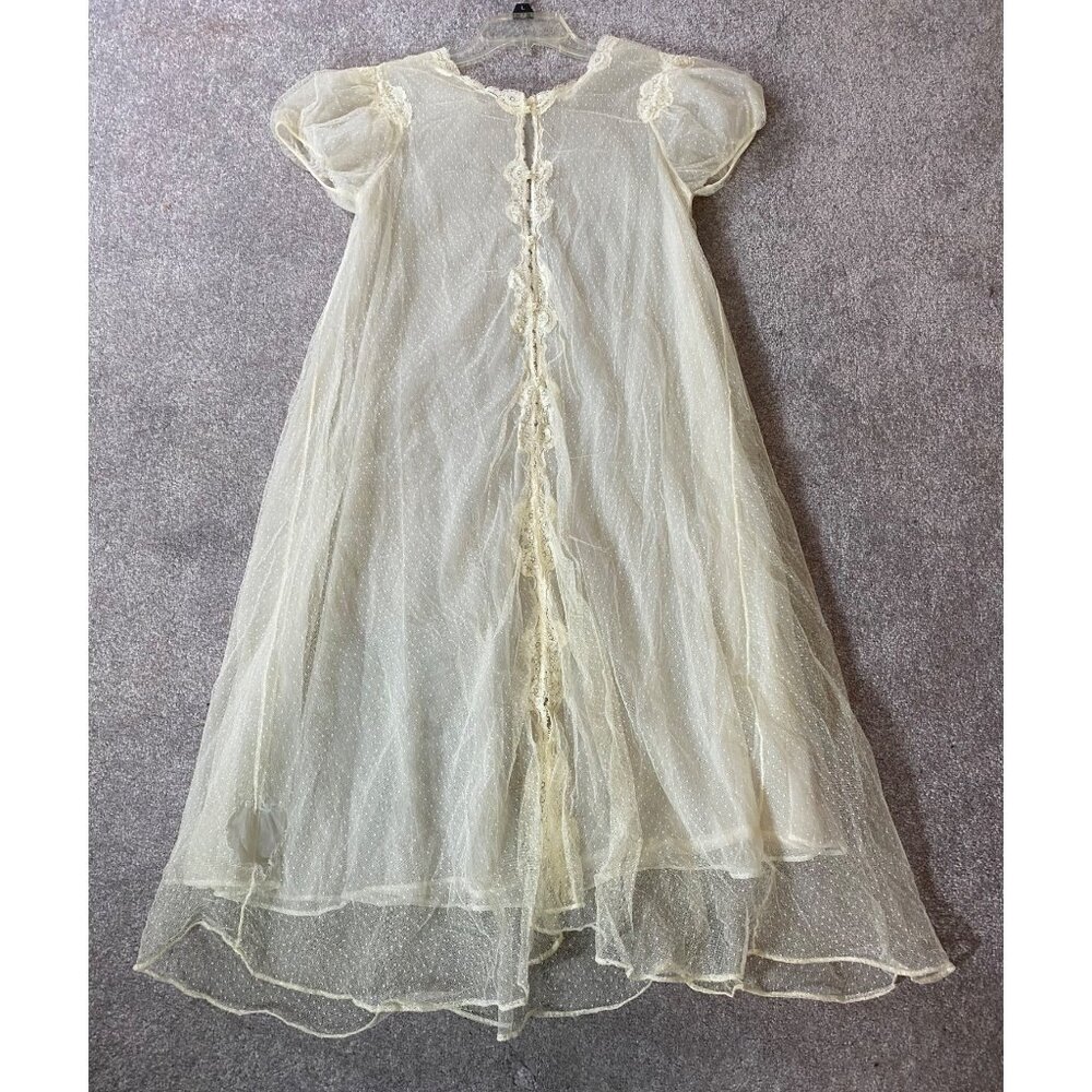 Vintage Ivory Lace Long Sheer Gown Robe Pearl Buttons & Puff Sleeves